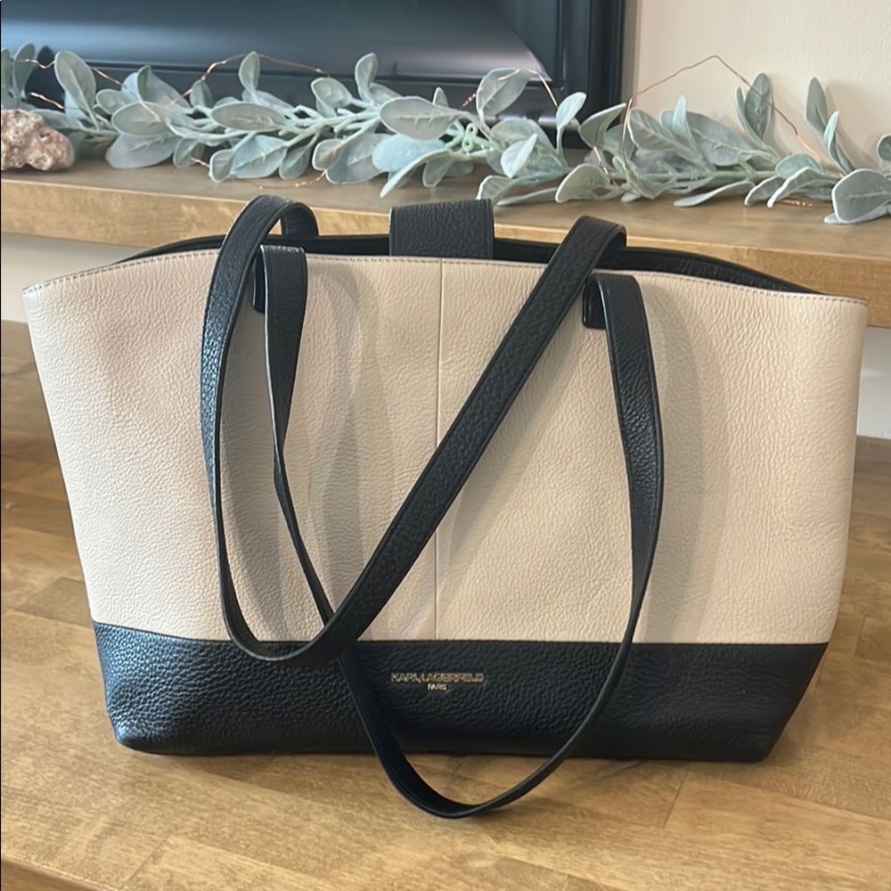 Karl Lagerfeld Black and Cream Women's Tote Bag w/One- sided Floral Design
